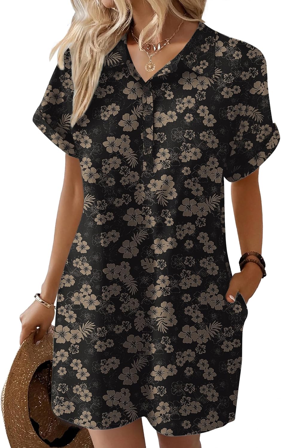 Zeagoo Womens Cotton Shirt Dress Summer Casual Short Sleeve Button Down Beach Cover Up Shirts with Pockets