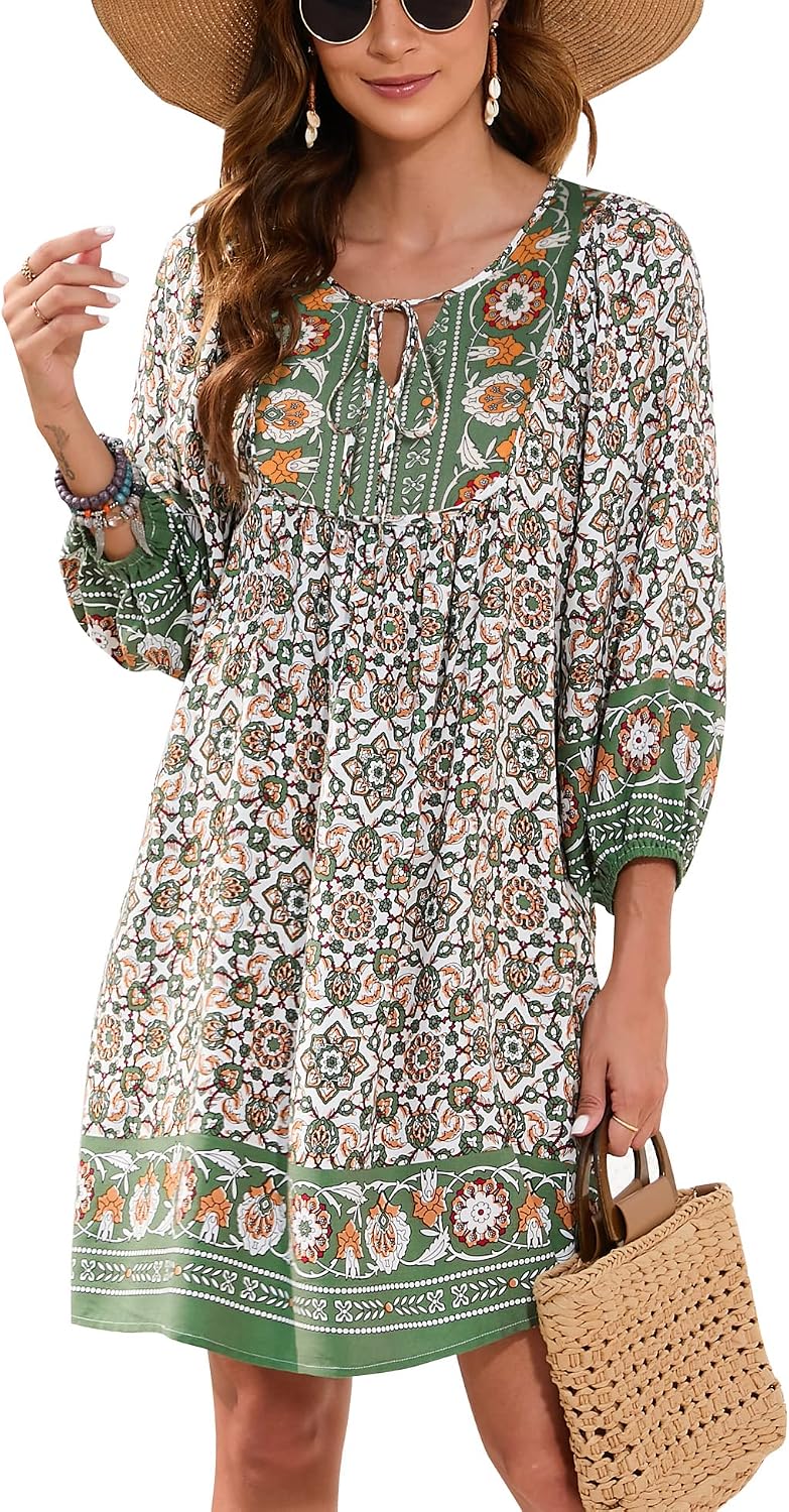 Bluetime Women 3\/4 Sleeve Summer Babydoll Dress | V Neck, Knee Length, Casual Floral Flowy Dress, Outfits for Vacation, Beach, Cocktail, Party, Wedding, Date