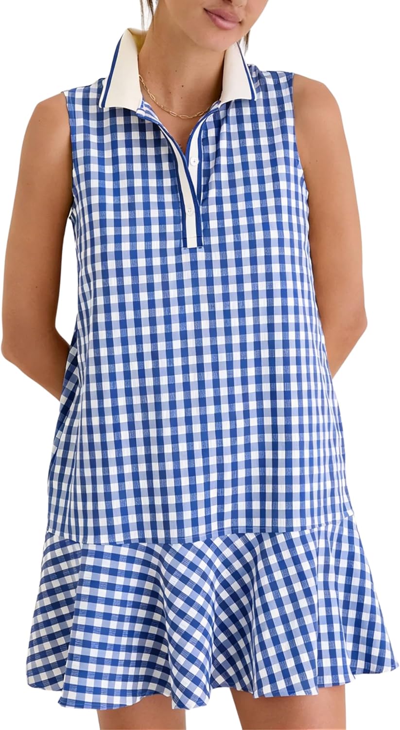 Meyhad Womens Gingham Polo Dress V Neck Sleeveless Ruffled Hem Mini Dresses Plaid Button Front Tennis Dress