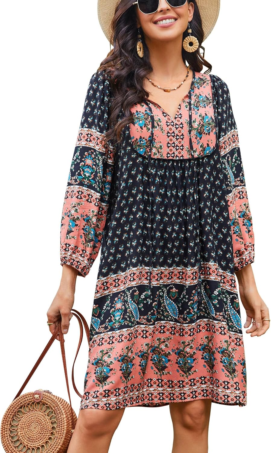Bluetime Women 3\/4 Sleeve Summer Babydoll Dress | V Neck, Knee Length, Casual Floral Flowy Dress, Outfits for Vacation, Beach, Cocktail, Party, Wedding, Date