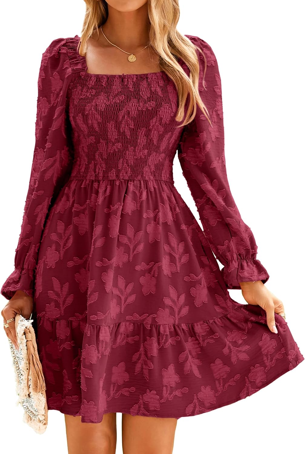 BerryGo Women's Square Neck Fall Long Sleeve Mini Dress Smocked Swing Ruffle Wedding Guest Dress