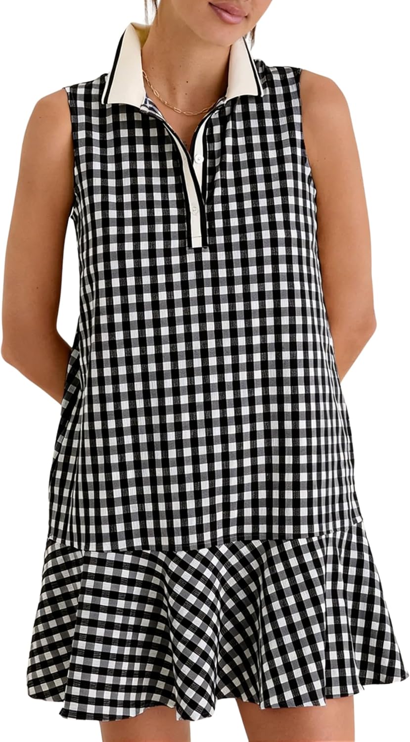 Meyhad Womens Gingham Polo Dress V Neck Sleeveless Ruffled Hem Mini Dresses Plaid Button Front Tennis Dress