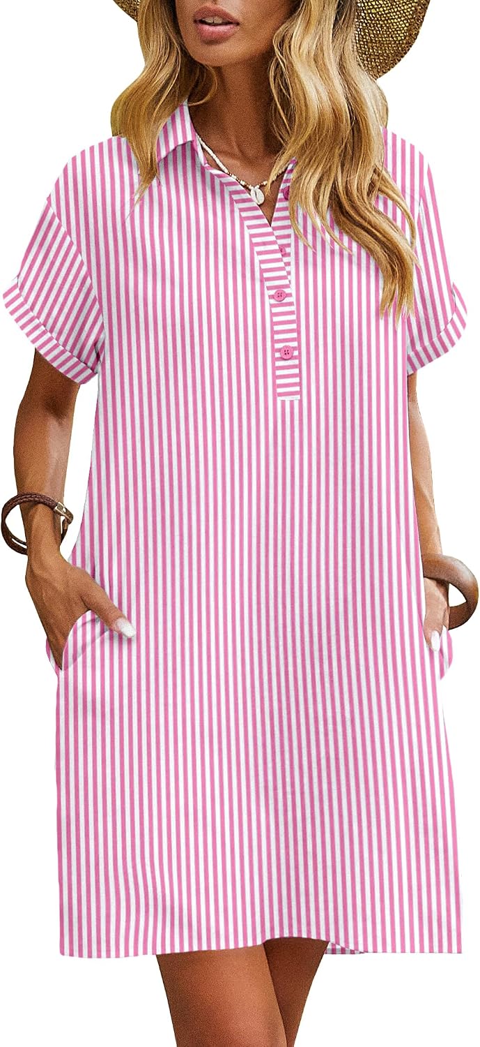 Zeagoo Womens Cotton Shirt Dress Summer Casual Short Sleeve Button Down Beach Cover Up Shirts with Pockets