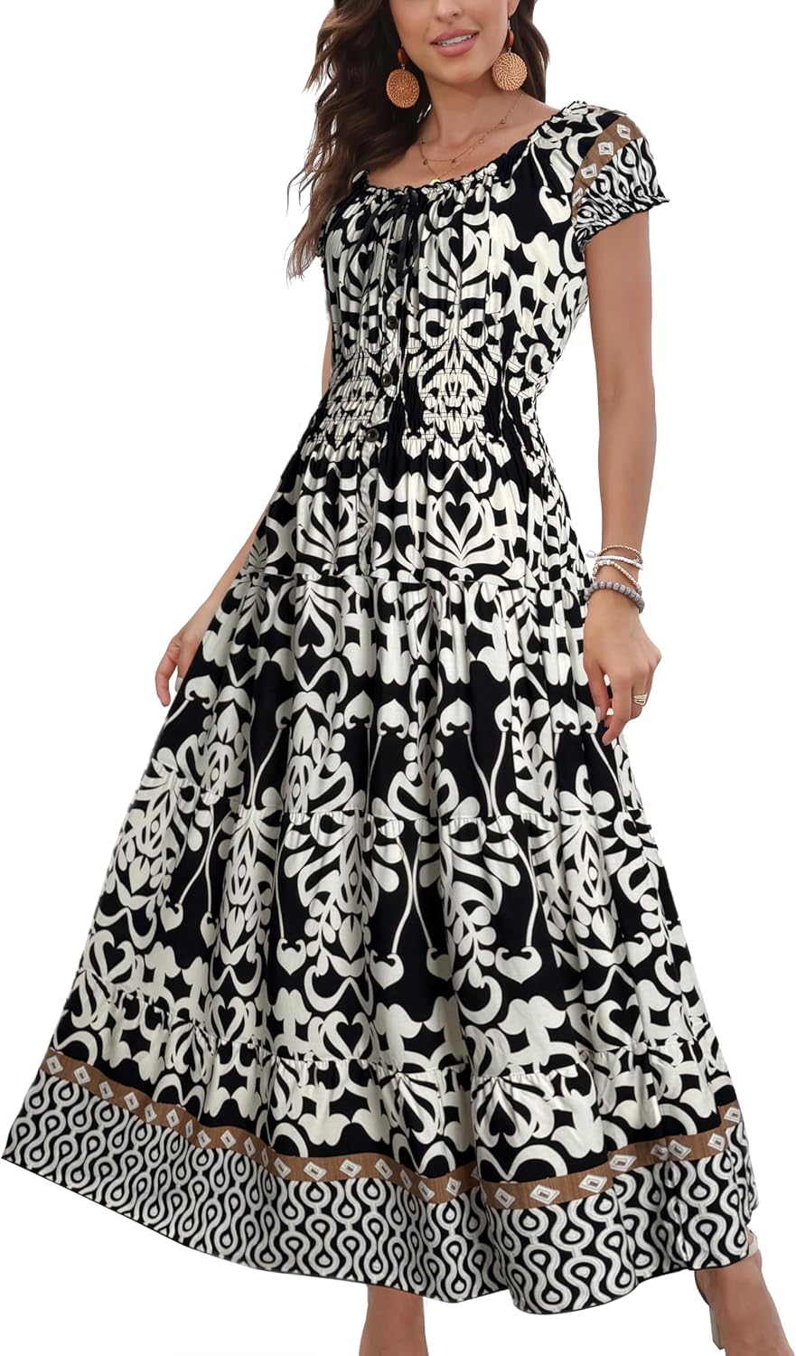 OSTOO Women's 2026 Maxi Dress Short Sleeves Boho Floral Print Tiered Casual Flowy Summer Long Dress