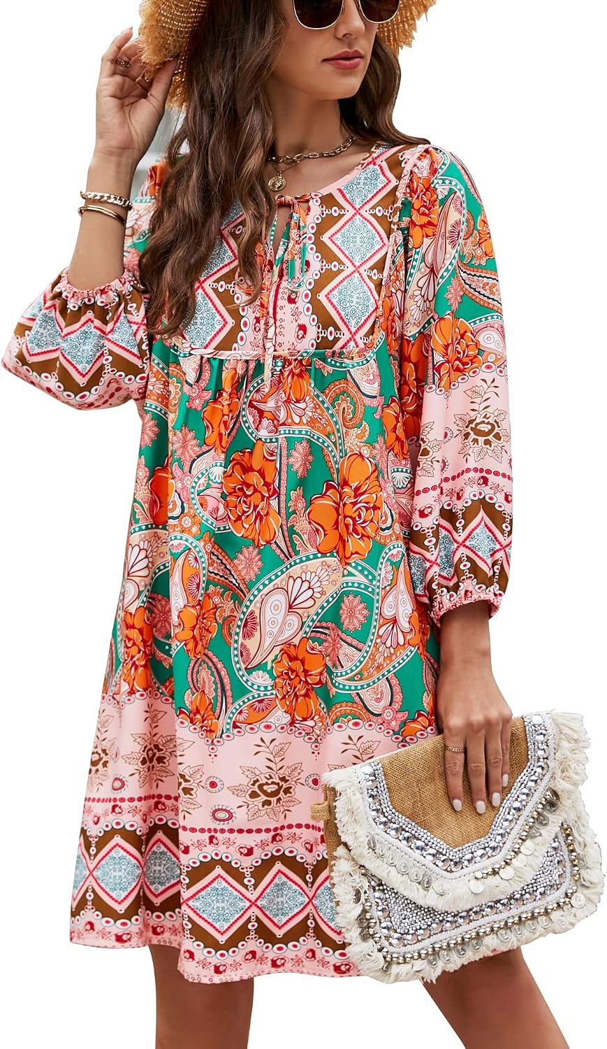 Bluetime Women 3\/4 Sleeve Summer Babydoll Dress | V Neck, Knee Length, Casual Floral Flowy Dress, Outfits for Vacation, Beach, Cocktail, Party, Wedding, Date