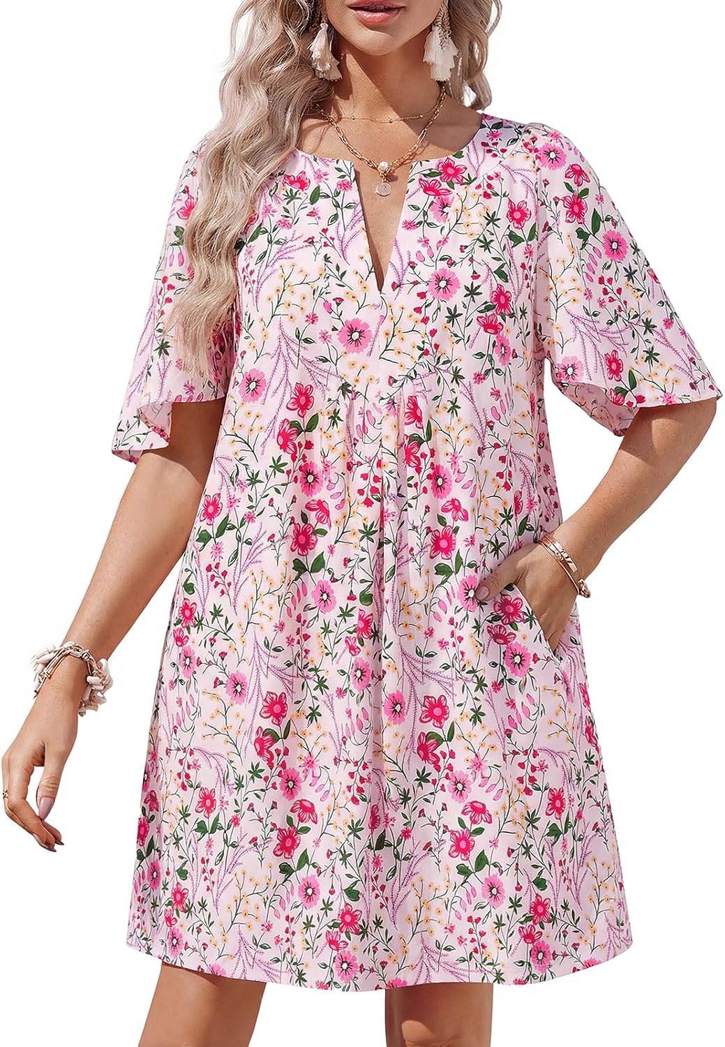 Wenrine Womens Shift Mini Dress Casual Short Sleeve Summer Dresses | Flutter Sleeve, V Neck, Loose Fit, Flowy, Short Beach dresses, Vacation