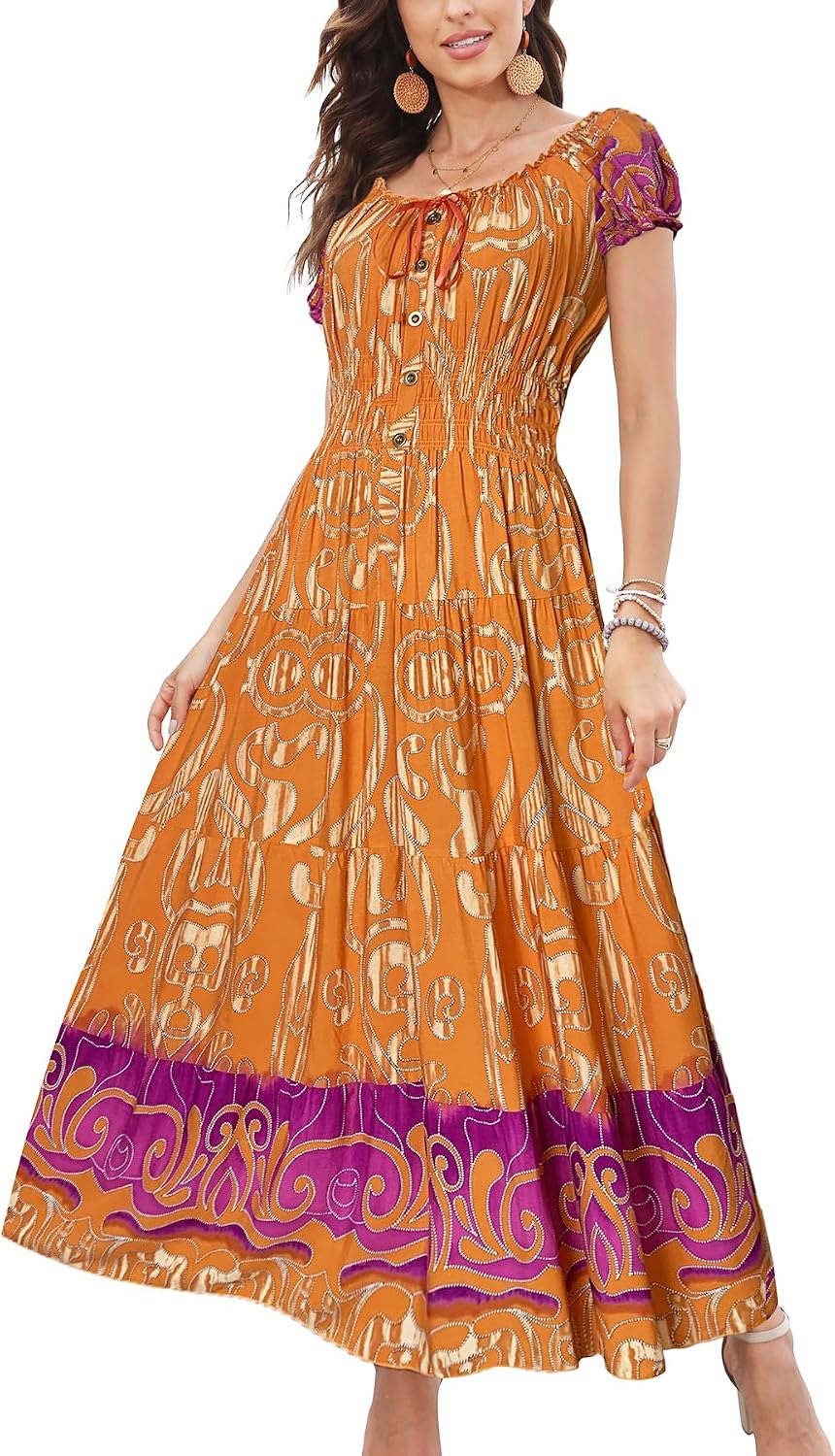 OSTOO Women's 2026 Maxi Dress Short Sleeves Boho Floral Print Tiered Casual Flowy Summer Long Dress