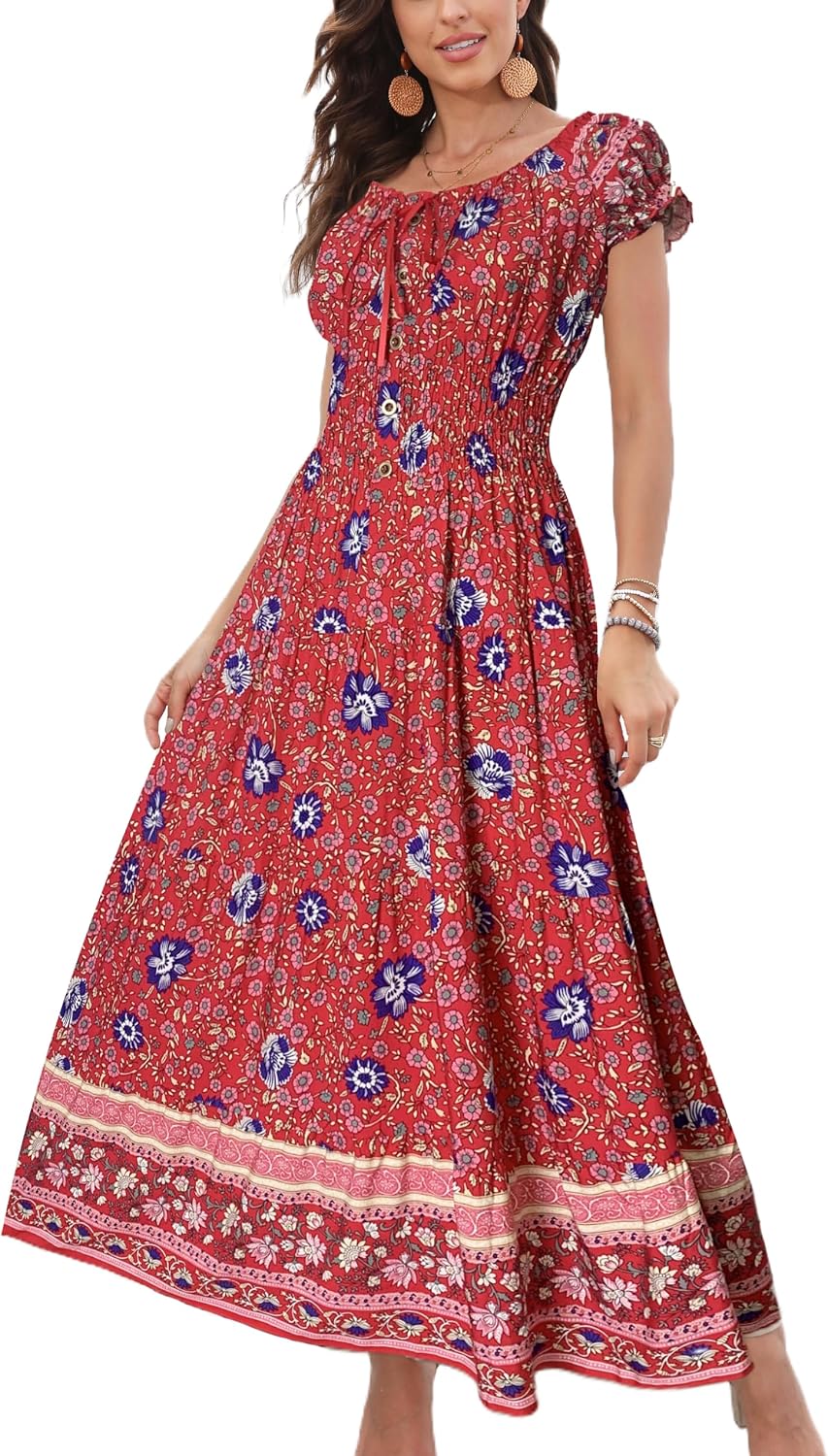 OSTOO Women's 2026 Maxi Dress Short Sleeves Boho Floral Print Tiered Casual Flowy Summer Long Dress