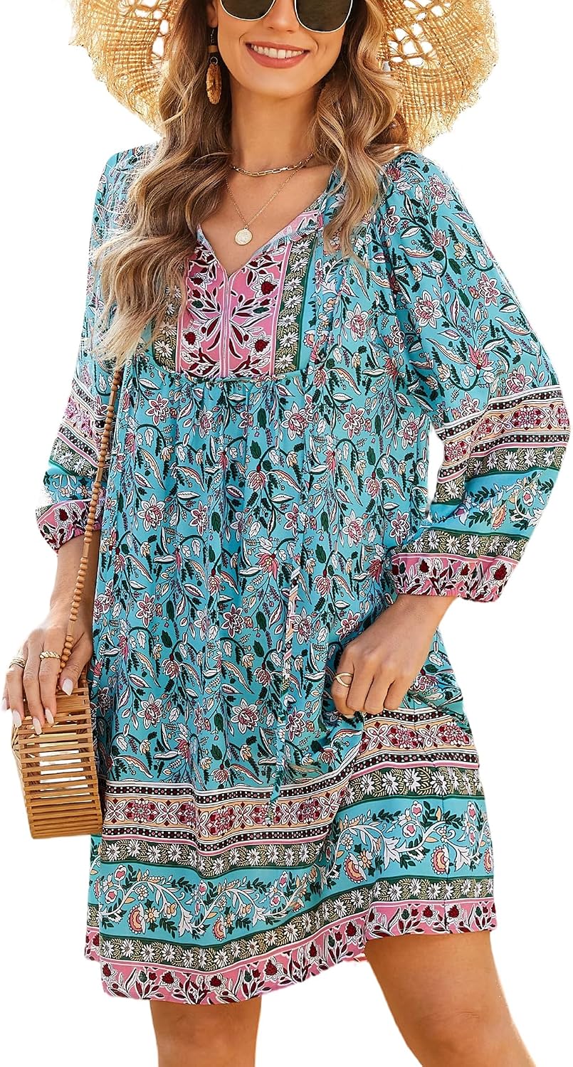 Bluetime Women 3\/4 Sleeve Summer Babydoll Dress | V Neck, Knee Length, Casual Floral Flowy Dress, Outfits for Vacation, Beach, Cocktail, Party, Wedding, Date