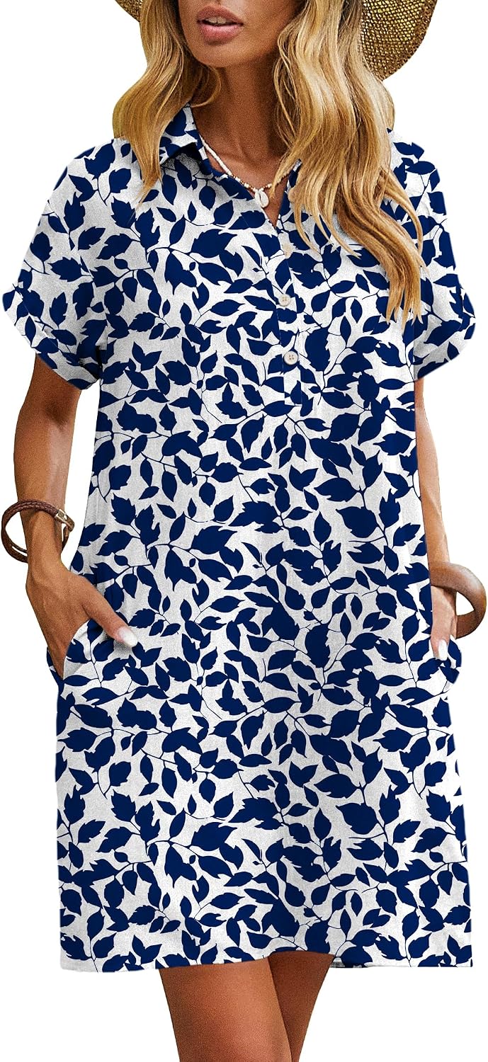 Zeagoo Womens Cotton Shirt Dress Summer Casual Short Sleeve Button Down Beach Cover Up Shirts with Pockets