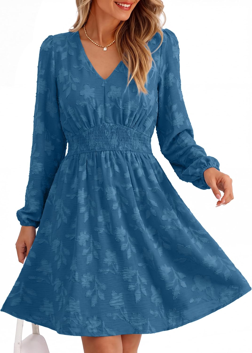 Simplee Womens Fall Long Sleeve Babydoll Wedding Guset Mini Dress | Babydoll Fit,Boho Weatern Short Dress with Pocket,A Line V Neck Flowy,Elastic Waist,Burnout Floral,Cocktail Party