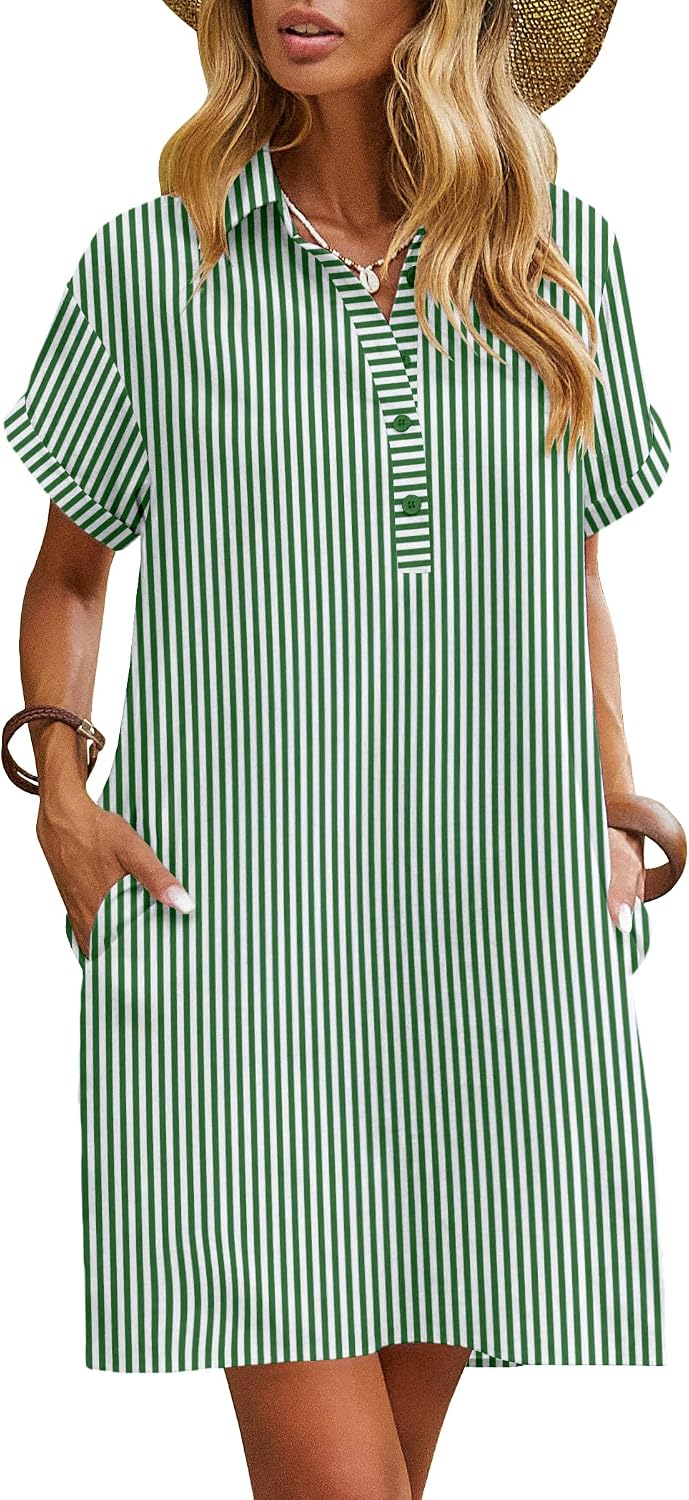 Zeagoo Womens Cotton Shirt Dress Summer Casual Short Sleeve Button Down Beach Cover Up Shirts with Pockets