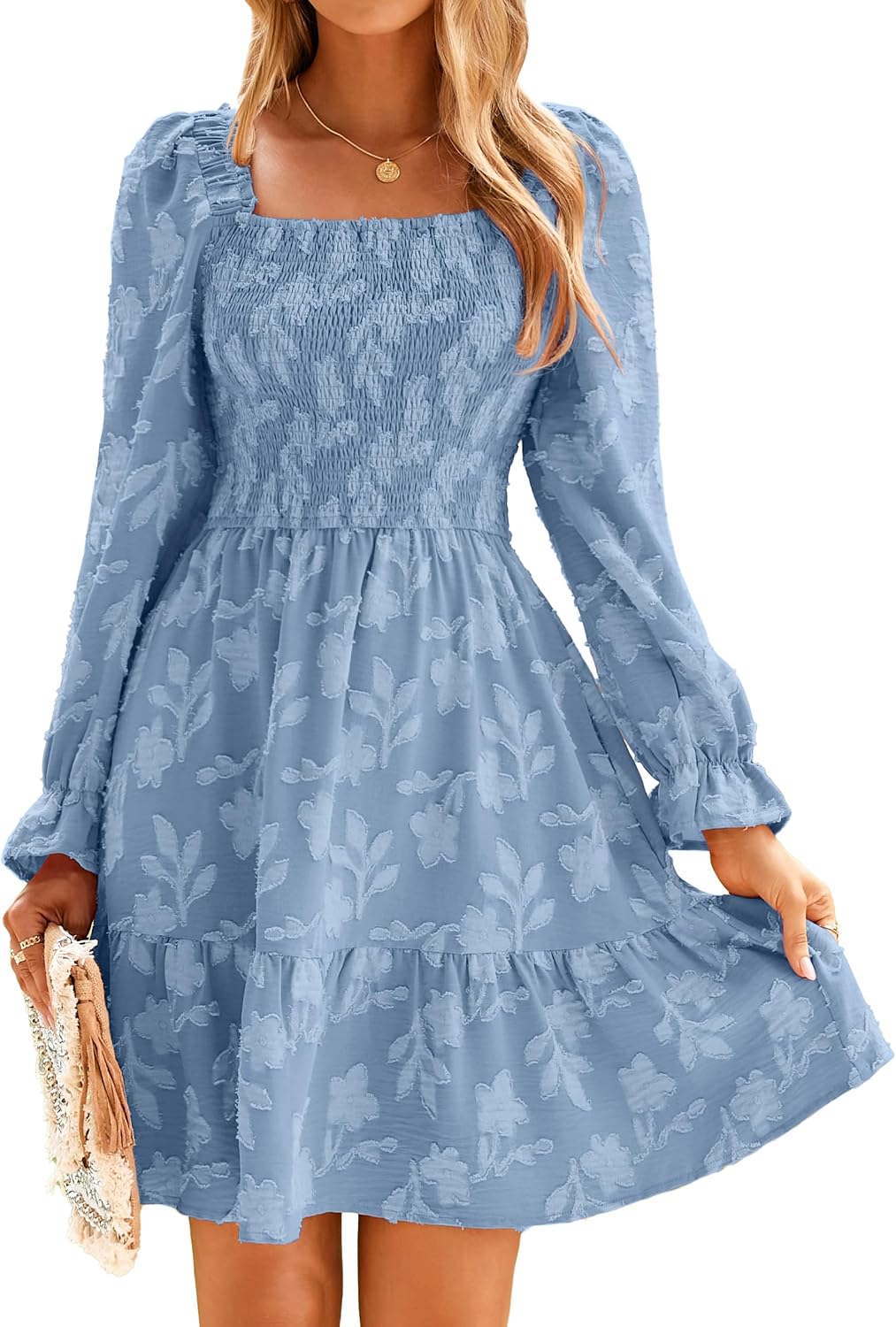 BerryGo Women's Square Neck Fall Long Sleeve Mini Dress Smocked Swing Ruffle Wedding Guest Dress