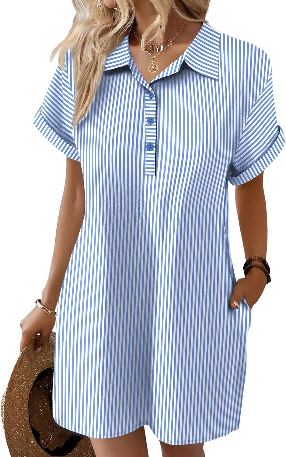 Zeagoo Womens Cotton Shirt Dress Summer Casual Short Sleeve Button Down Beach Cover Up Shirts with Pockets