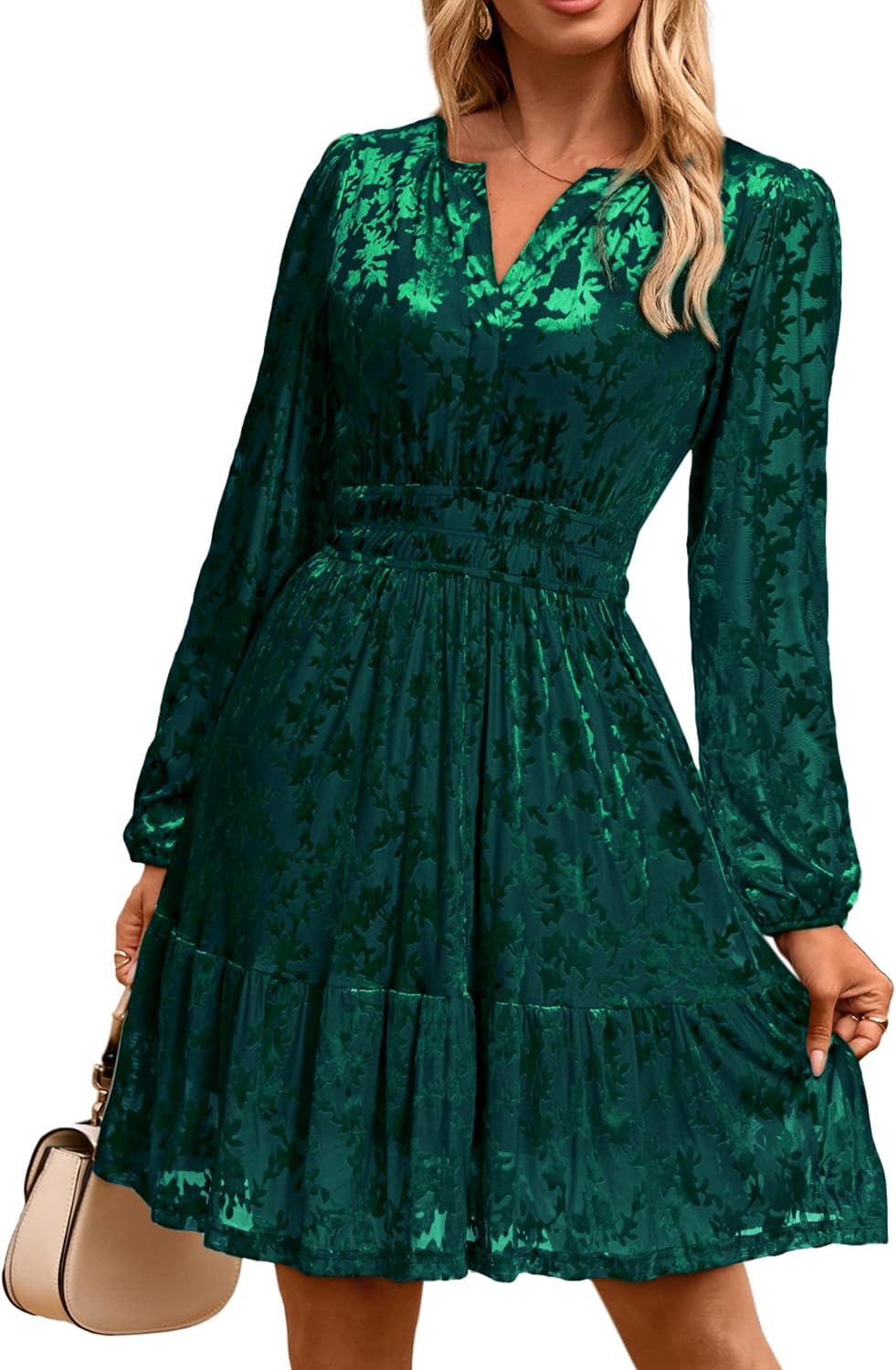 Simplee Womens Velvet Dress 2026 Fall Cocktail Long Sleeve Empire V Neck Wedding Guest Holiday Mini Dresses with Pockets