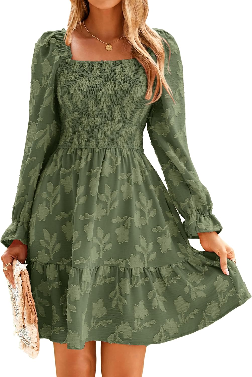 BerryGo Women's Square Neck Fall Long Sleeve Mini Dress Smocked Swing Ruffle Wedding Guest Dress