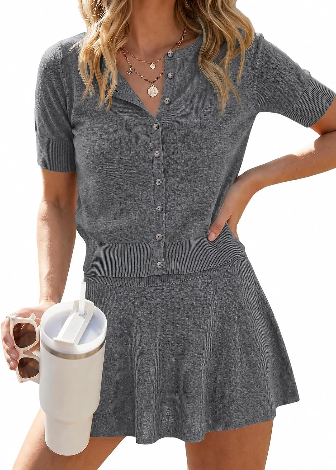 Wenrine Womens 2 Piece Skirt Sets Short Sleeve Cardigan Skirt Lounge Set | Summer Sweater Outfits,Button Knit Sweater Set,2026 Vacation Matching Outfits