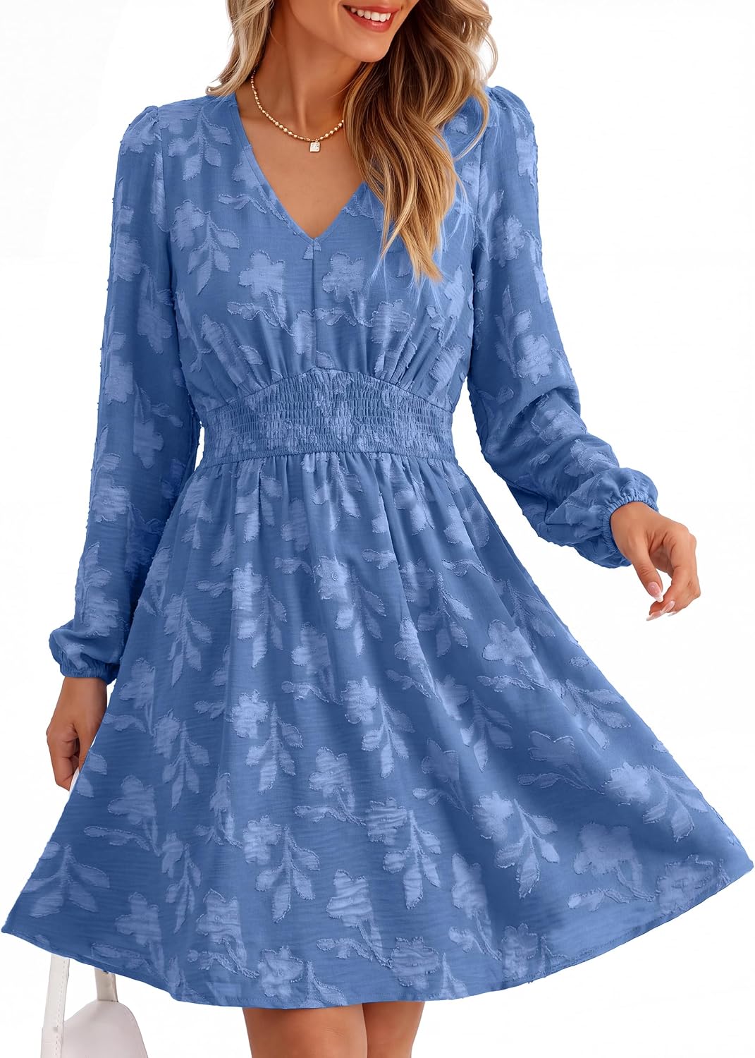 Simplee Womens Fall Long Sleeve Babydoll Wedding Guset Mini Dress | Babydoll Fit,Boho Weatern Short Dress with Pocket,A Line V Neck Flowy,Elastic Waist,Burnout Floral,Cocktail Party