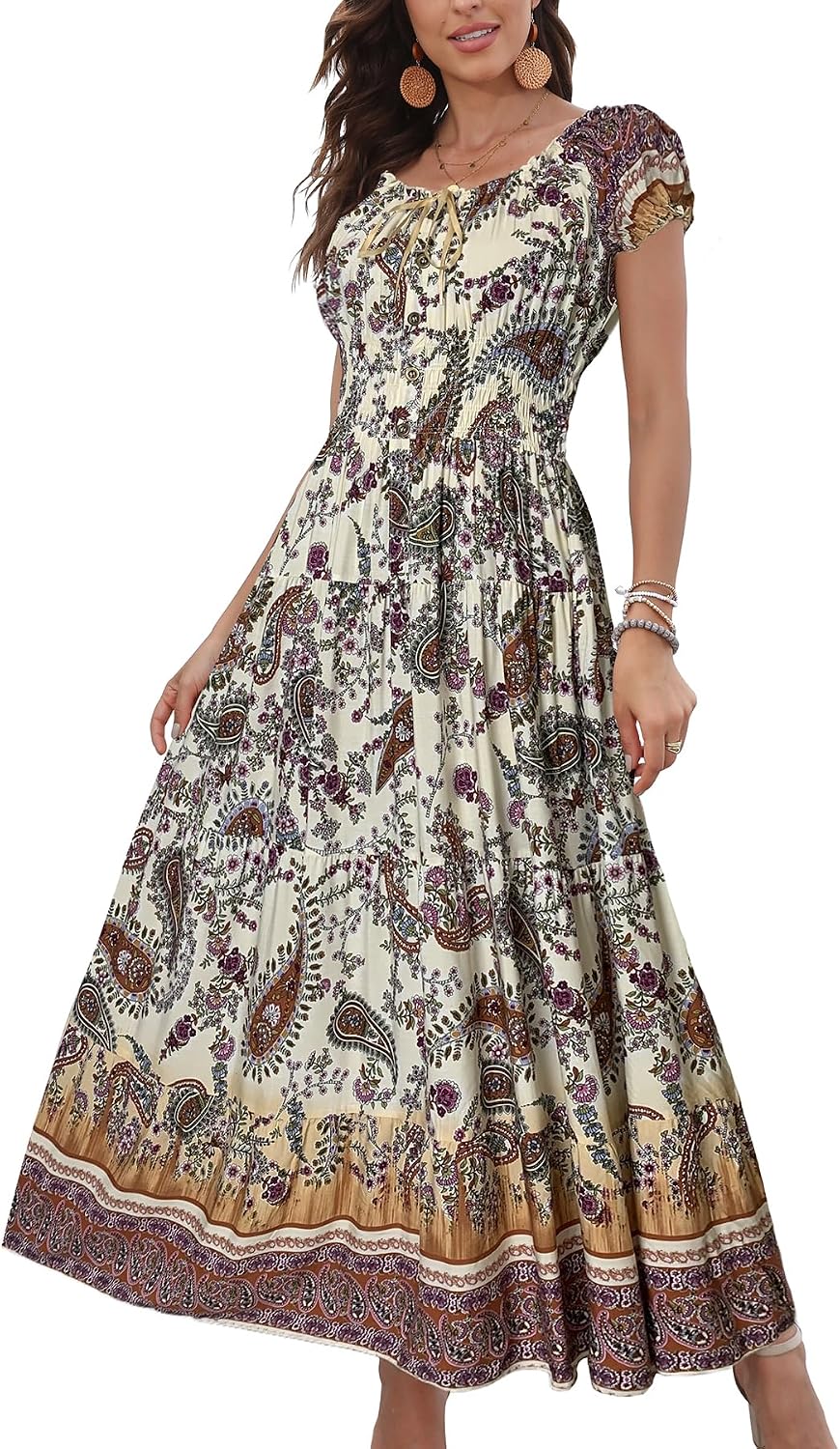OSTOO Women's 2026 Maxi Dress Short Sleeves Boho Floral Print Tiered Casual Flowy Summer Long Dress