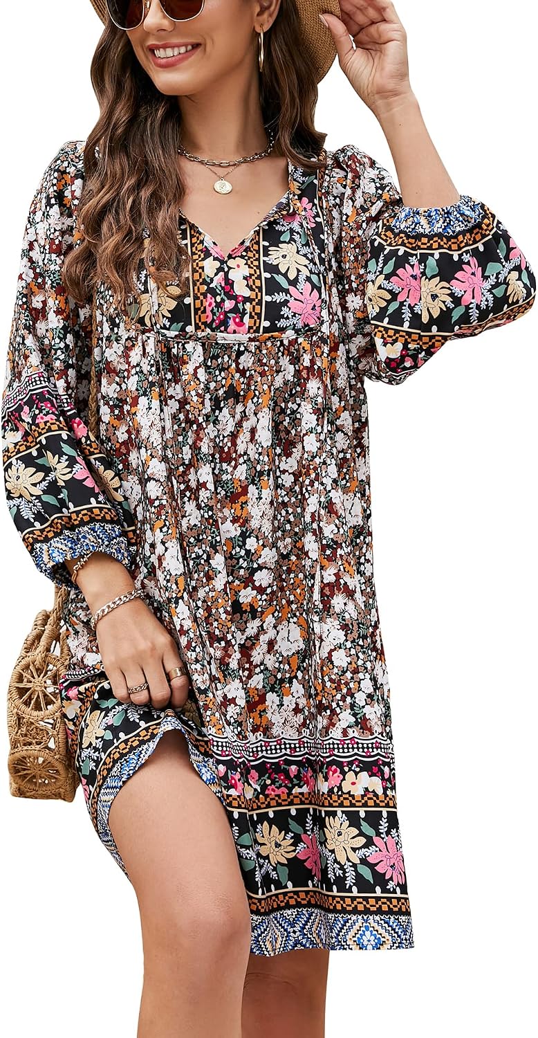 Bluetime Women 3\/4 Sleeve Summer Babydoll Dress | V Neck, Knee Length, Casual Floral Flowy Dress, Outfits for Vacation, Beach, Cocktail, Party, Wedding, Date