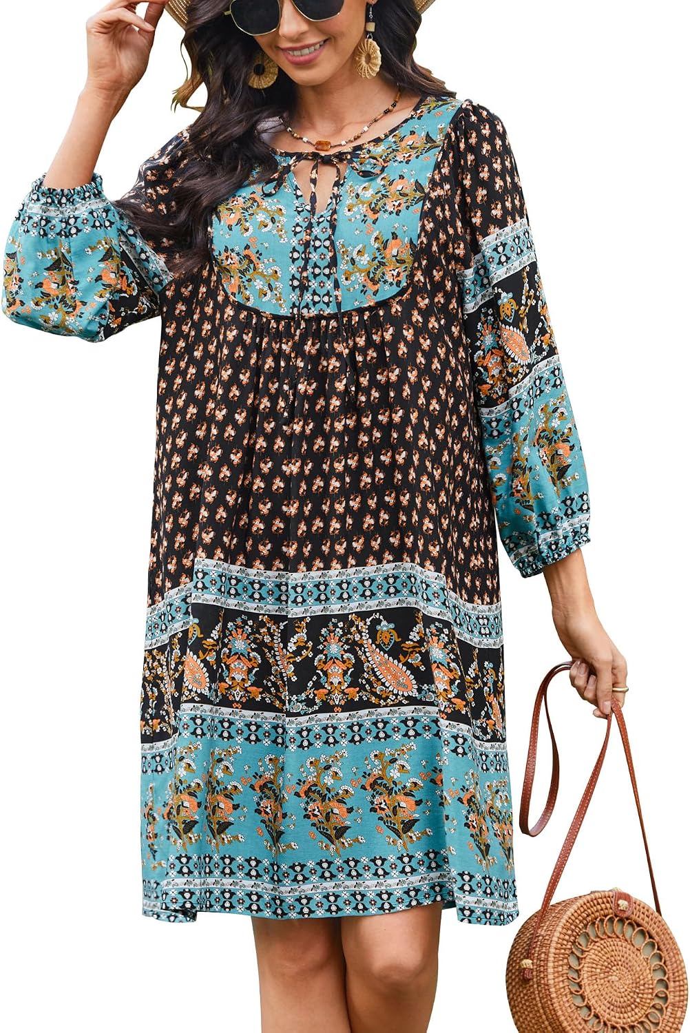 Bluetime Women 3\/4 Sleeve Summer Babydoll Dress | V Neck, Knee Length, Casual Floral Flowy Dress, Outfits for Vacation, Beach, Cocktail, Party, Wedding, Date