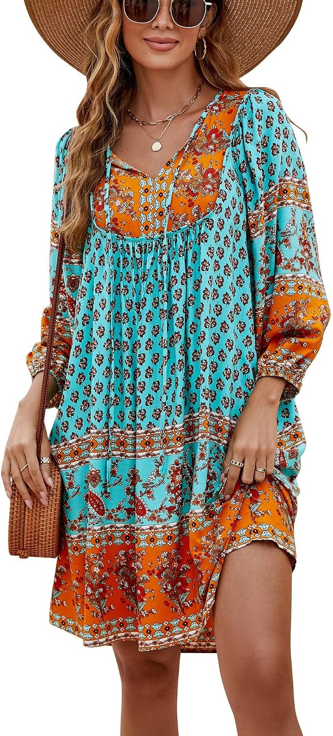 Bluetime Women 3\/4 Sleeve Summer Babydoll Dress | V Neck, Knee Length, Casual Floral Flowy Dress, Outfits for Vacation, Beach, Cocktail, Party, Wedding, Date