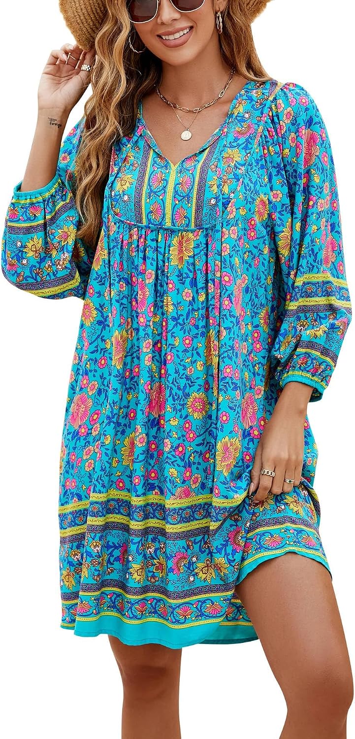 Bluetime Women 3\/4 Sleeve Summer Babydoll Dress | V Neck, Knee Length, Casual Floral Flowy Dress, Outfits for Vacation, Beach, Cocktail, Party, Wedding, Date