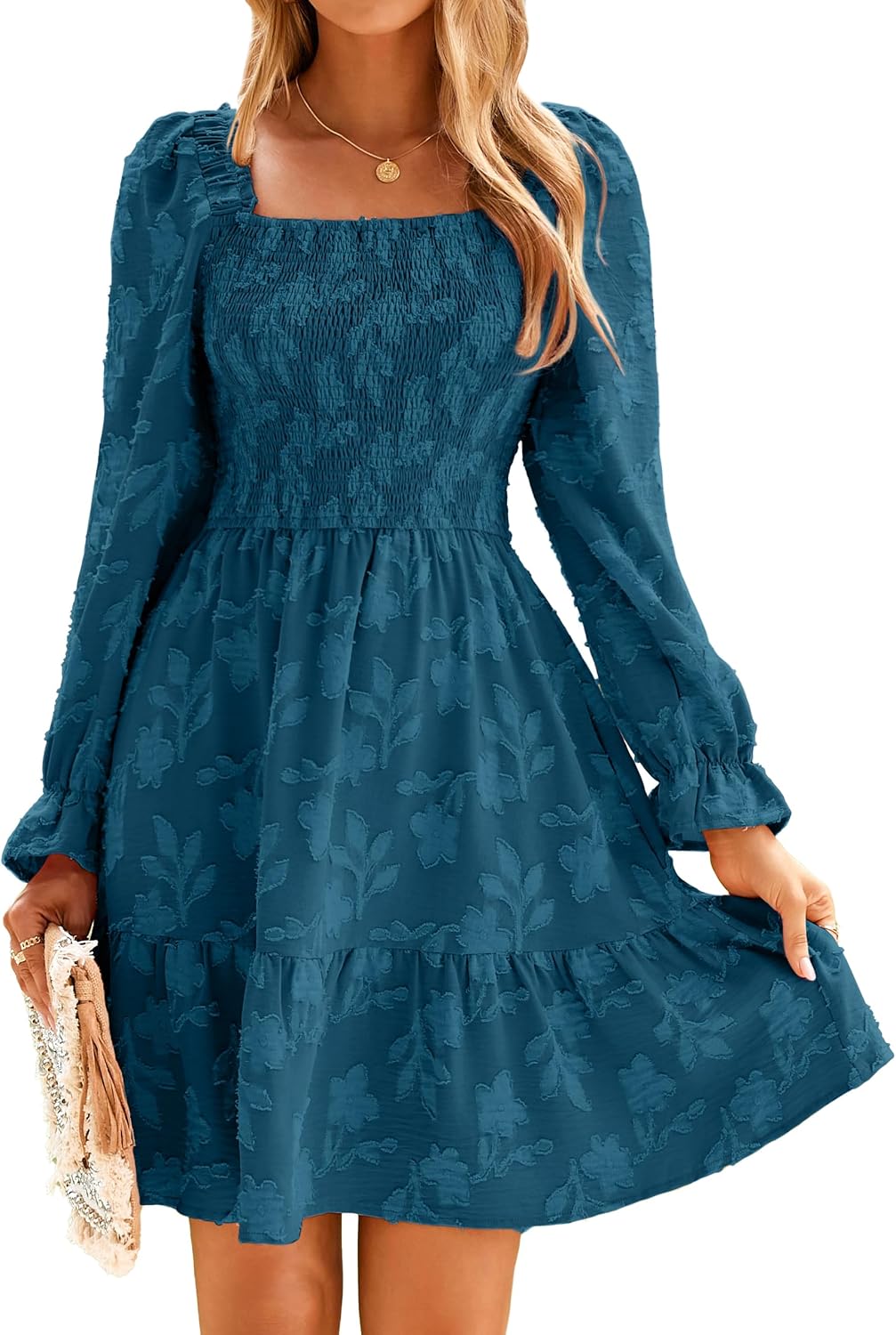BerryGo Women's Square Neck Fall Long Sleeve Mini Dress Smocked Swing Ruffle Wedding Guest Dress