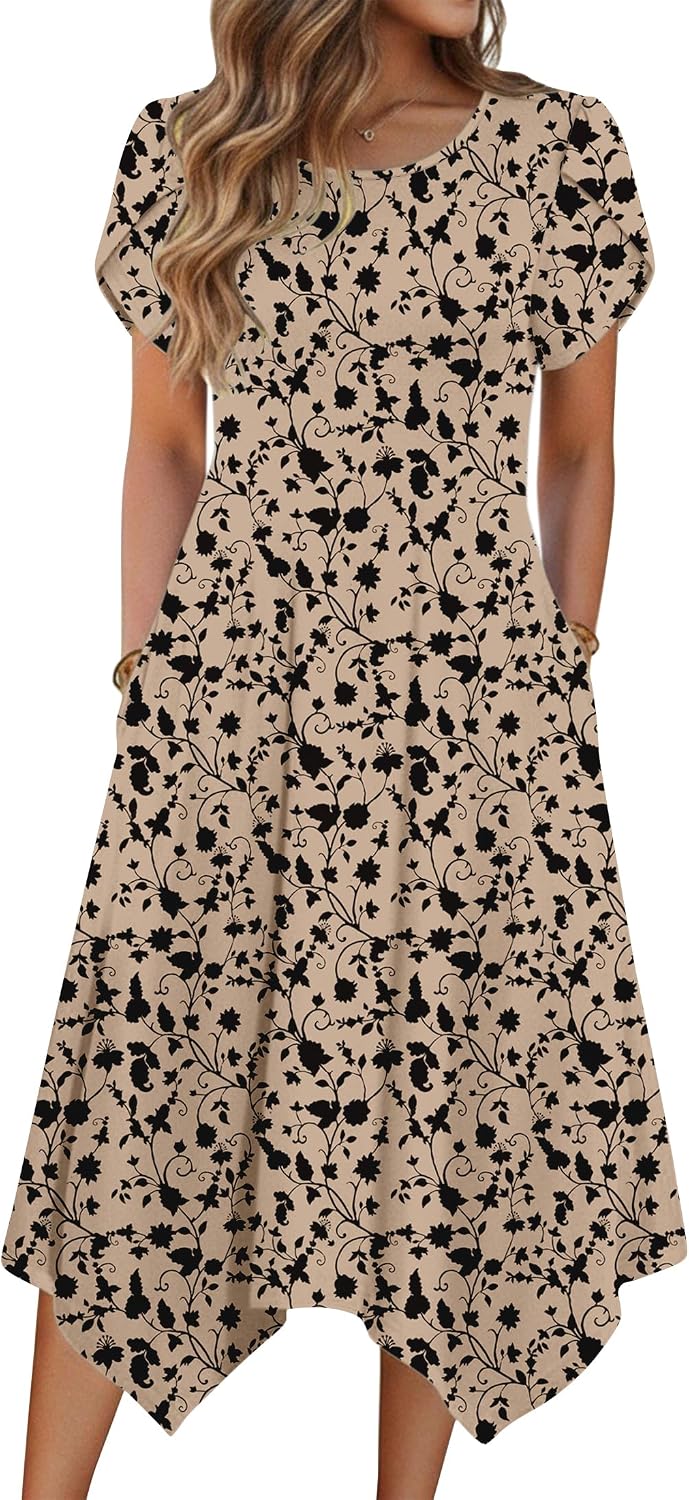 Zeagoo Womens Casual Dress for Summer Loose Hankerchief Flare Midi Sundress | Floral Print, Boho Style, Fall Wedding Guest Dress, A Line,Crew Neck, Side Pockets, Asymmetrical Hem, for Beach, Casual,Daily