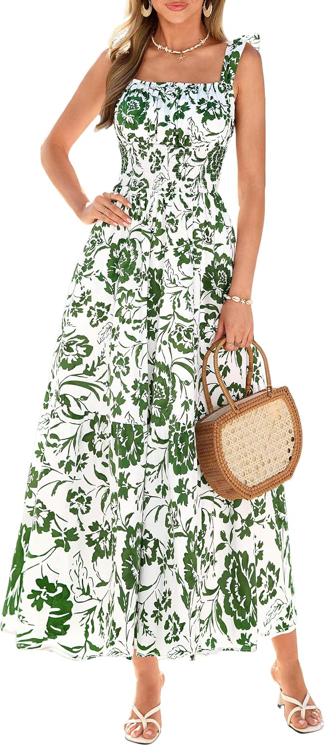 PRETTYGARDEN Women Boho Floral Maxi Sundresses | Square Neck A Line, Ruffle Straps, Smocked Pocket Dress, Flowy Spring Summer Outfit for Wedding Guest, Beach Vacation, Party