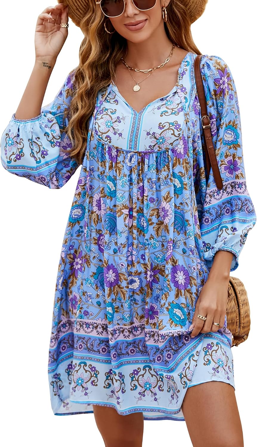 Bluetime Women 3\/4 Sleeve Summer Babydoll Dress | V Neck, Knee Length, Casual Floral Flowy Dress, Outfits for Vacation, Beach, Cocktail, Party, Wedding, Date