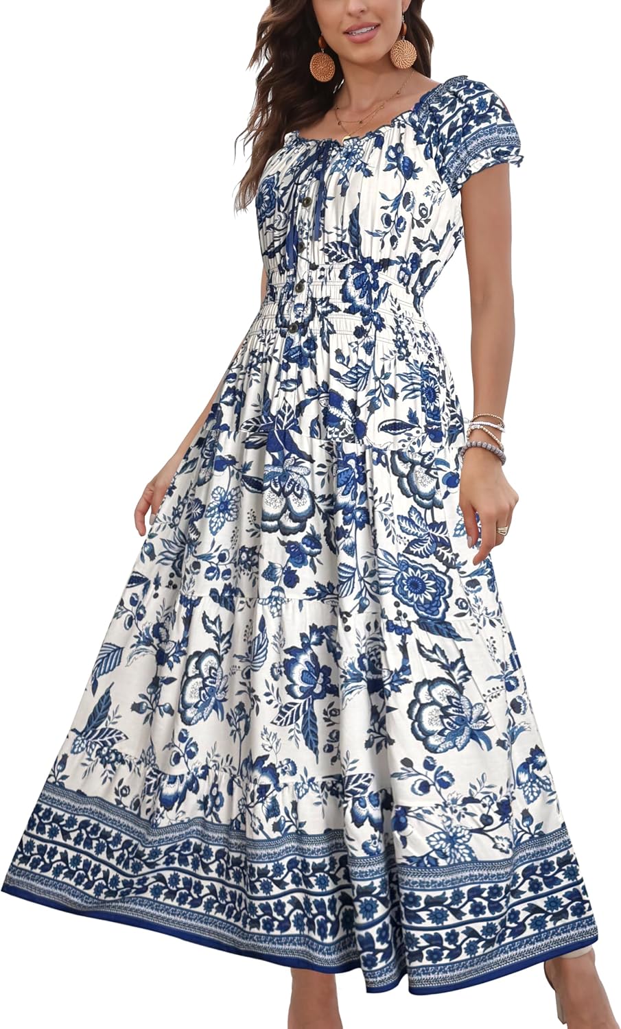 OSTOO Women's 2026 Maxi Dress Short Sleeves Boho Floral Print Tiered Casual Flowy Summer Long Dress