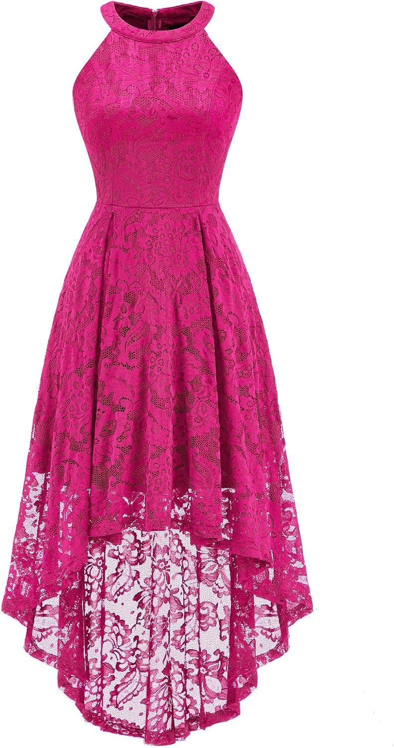 Dressystar Women Halter Lace Hi Lo Wedding Guest Cocktail Formal Dress | Bridesmaid Wedding Dresses,Sleeveless,Halter Top Neckline,High Low Hem,Elegant A line Design,Soft floral Lace Party Dress