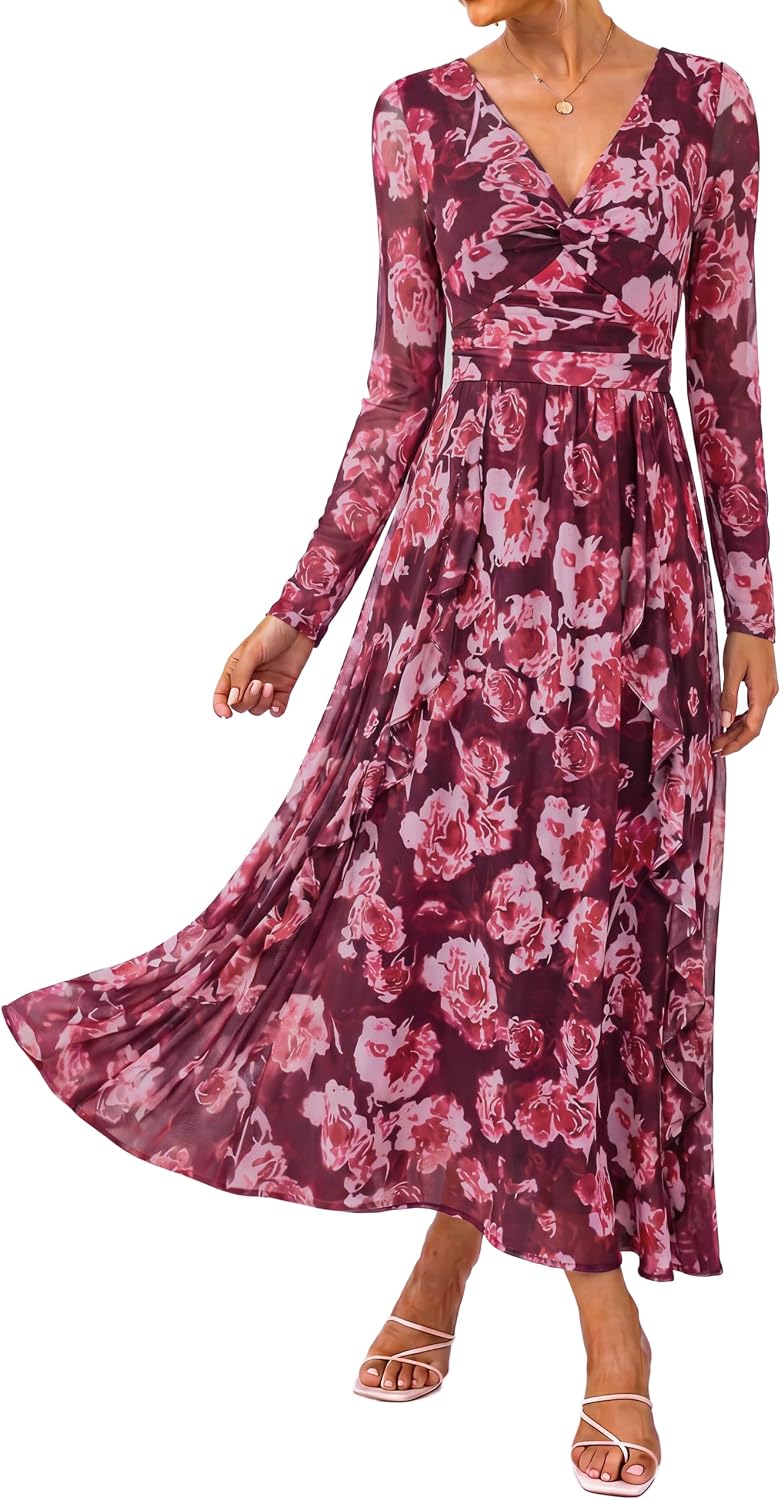 GRACE KARIN Women Fall Wedding Guest Long Sleeve Formal Floral Maxi Dress | Flowy A Line Mesh Dress,V Neck Twist Front,Ruffle,Evening Gowns,Bridal Shower,Garden Party,Cocktail,Vacation Clothes