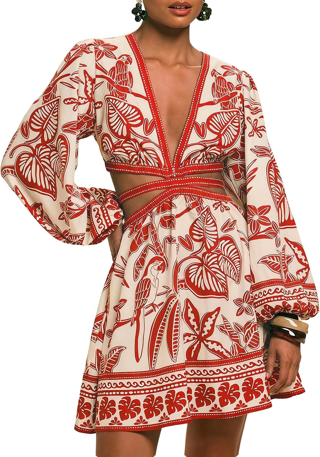 Floerns Women's Tropical Floral Long Sleeve Mini Dress | Cut Out, Bishop Sleeve, V Neck, A Line, Hawaiian Beach Vacation, Summer, Fall Outfits, Resort Wear