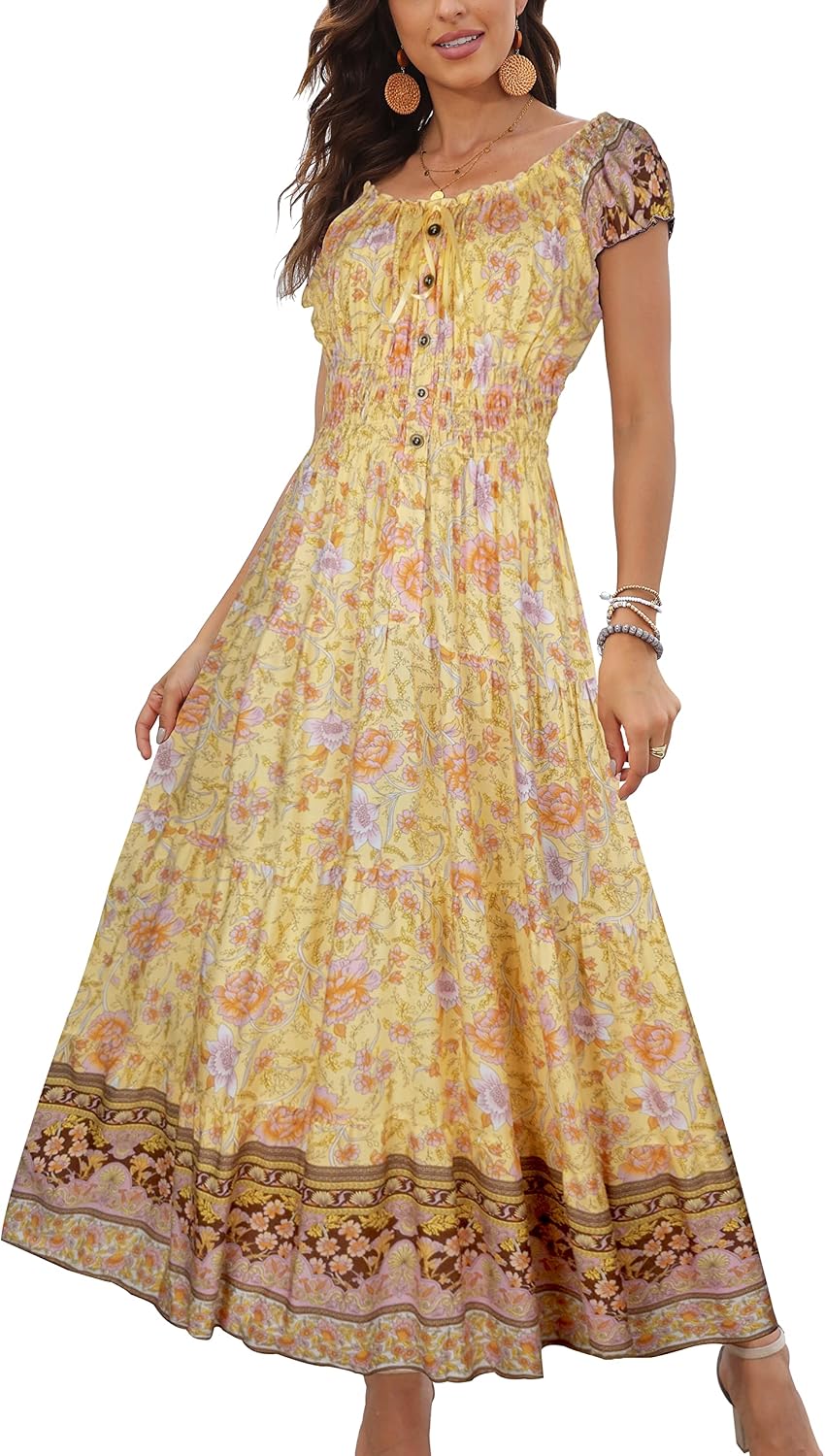 OSTOO Women's 2026 Maxi Dress Short Sleeves Boho Floral Print Tiered Casual Flowy Summer Long Dress