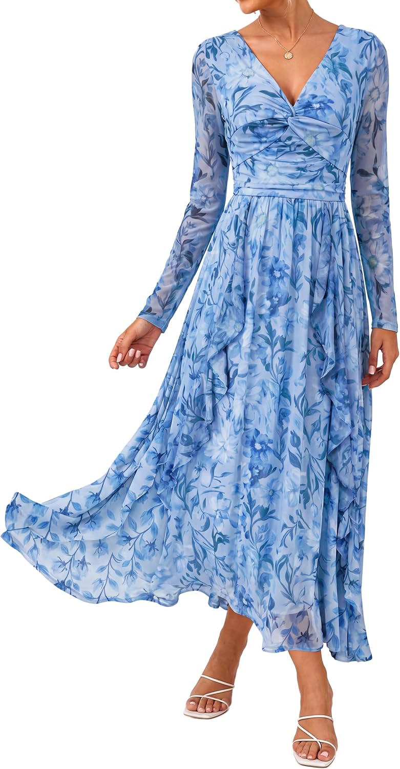 GRACE KARIN Women Fall Wedding Guest Long Sleeve Formal Floral Maxi Dress | Flowy A Line Mesh Dress,V Neck Twist Front,Ruffle,Evening Gowns,Bridal Shower,Garden Party,Cocktail,Vacation Clothes