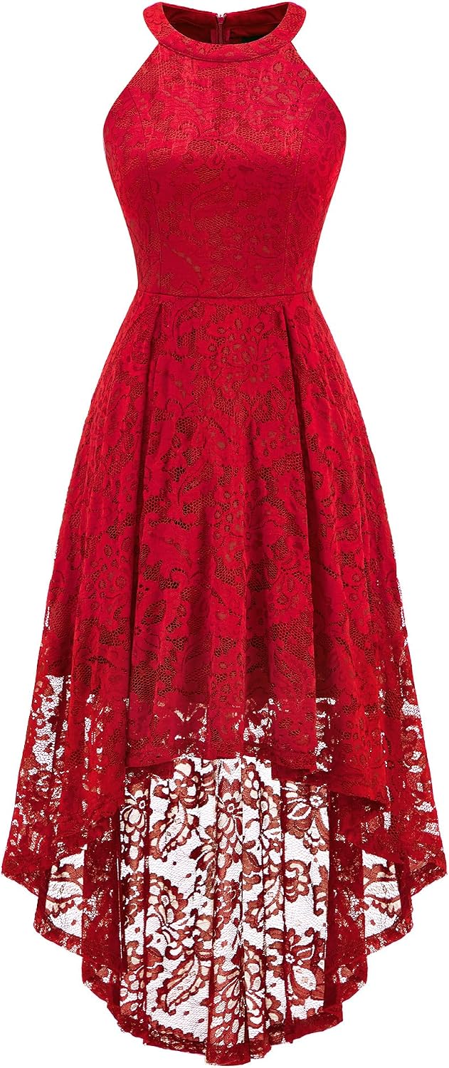 Dressystar Women Halter Lace Hi Lo Wedding Guest Cocktail Formal Dress | Bridesmaid Wedding Dresses,Sleeveless,Halter Top Neckline,High Low Hem,Elegant A line Design,Soft floral Lace Party Dress