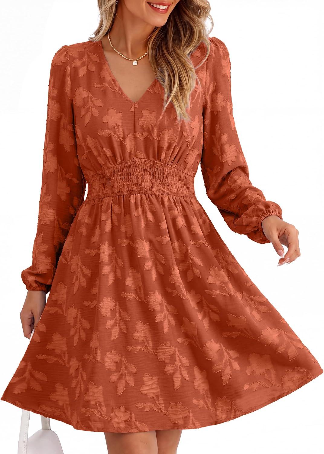Simplee Womens Fall Long Sleeve Babydoll Wedding Guset Mini Dress | Babydoll Fit,Boho Weatern Short Dress with Pocket,A Line V Neck Flowy,Elastic Waist,Burnout Floral,Cocktail Party