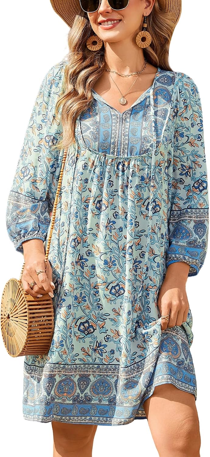 Bluetime Women 3\/4 Sleeve Summer Babydoll Dress | V Neck, Knee Length, Casual Floral Flowy Dress, Outfits for Vacation, Beach, Cocktail, Party, Wedding, Date