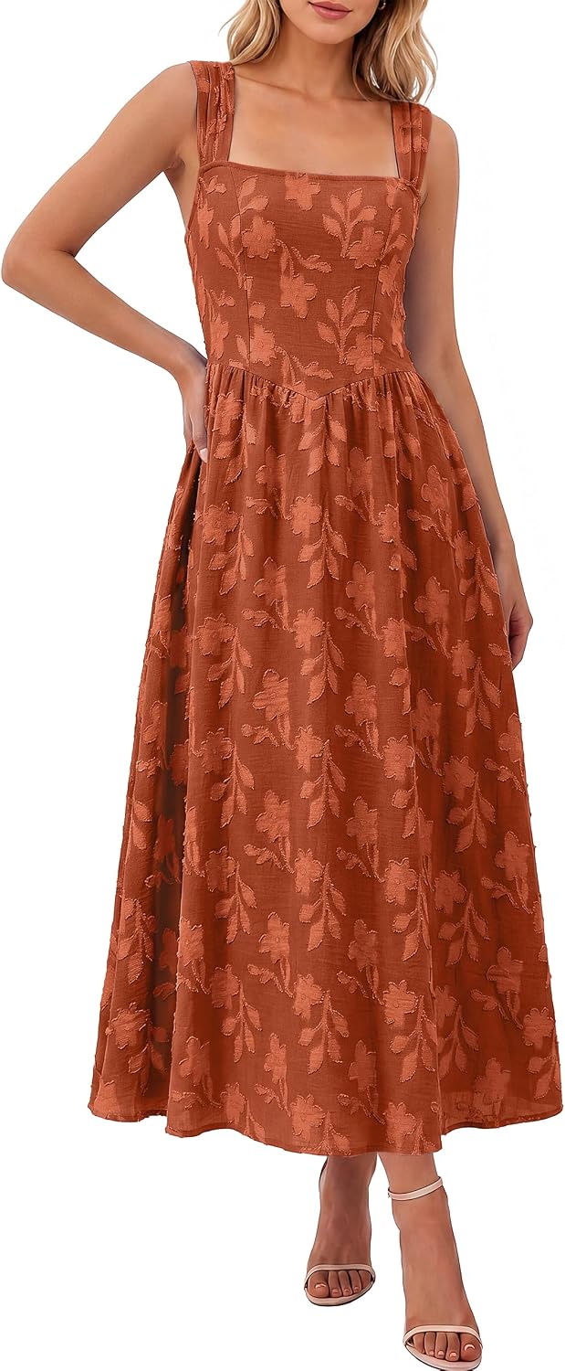 BerryGo Womens Fall Flowy Formal Wedding Guest Maxi Dresses | Sleeveless Square Neck, Jacquard Floral, Summer Boho Beach, Elegant Holiday Party Vacation Maxi Sundress