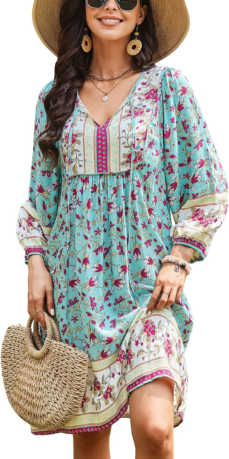 Bluetime Women 3\/4 Sleeve Summer Babydoll Dress | V Neck, Knee Length, Casual Floral Flowy Dress, Outfits for Vacation, Beach, Cocktail, Party, Wedding, Date