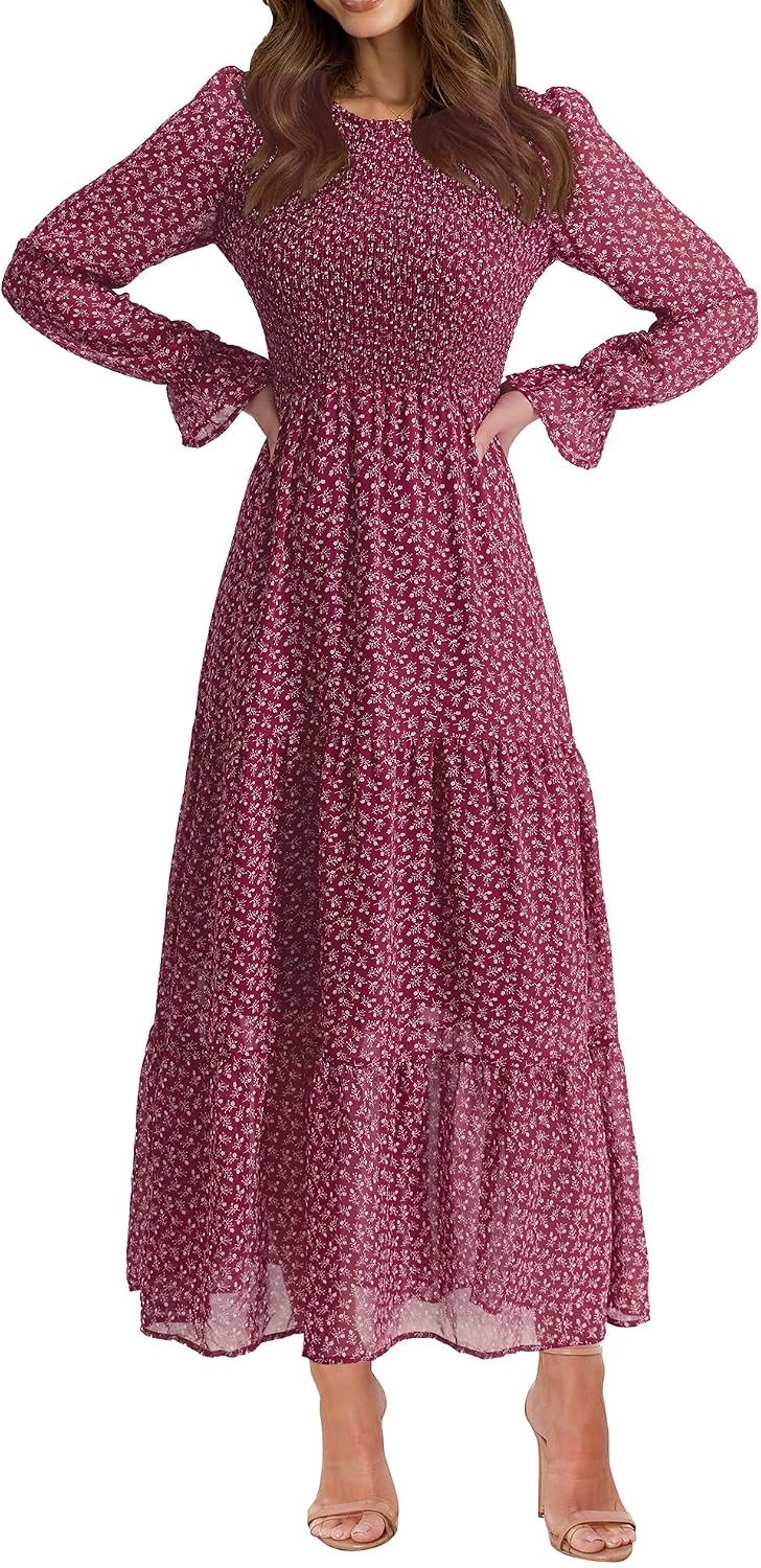 BTFBM Women Casual Long Sleeve Crew Neck Fall Dress Bohemian Relaxed Fit Floral Flowy Maxi Dresses Tiered Cocktail Dress