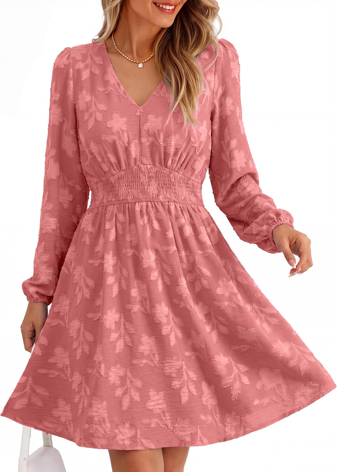 Simplee Womens Fall Long Sleeve Babydoll Wedding Guset Mini Dress | Babydoll Fit,Boho Weatern Short Dress with Pocket,A Line V Neck Flowy,Elastic Waist,Burnout Floral,Cocktail Party