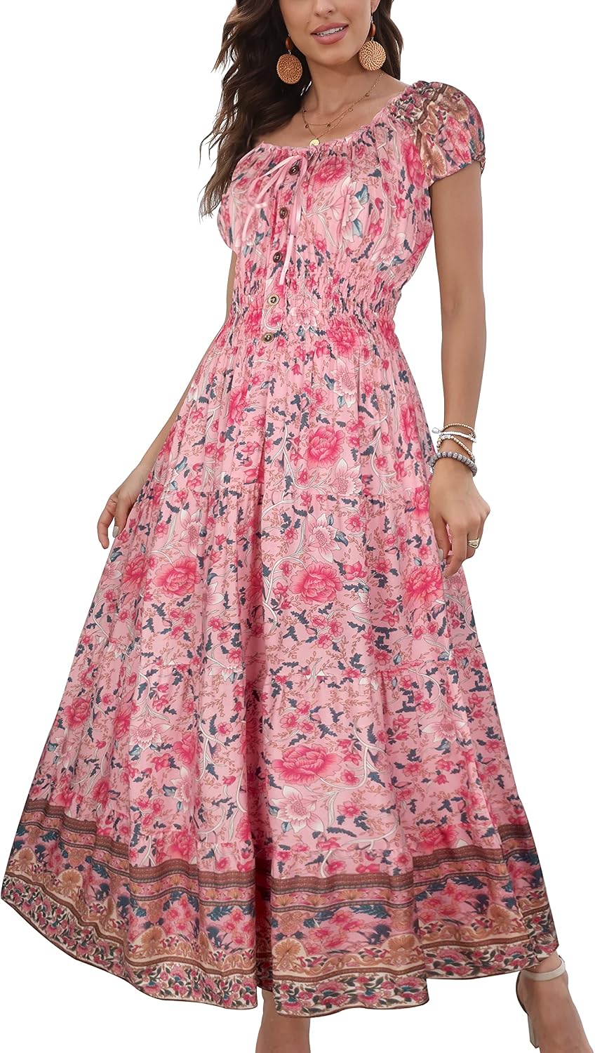 OSTOO Women's 2026 Maxi Dress Short Sleeves Boho Floral Print Tiered Casual Flowy Summer Long Dress