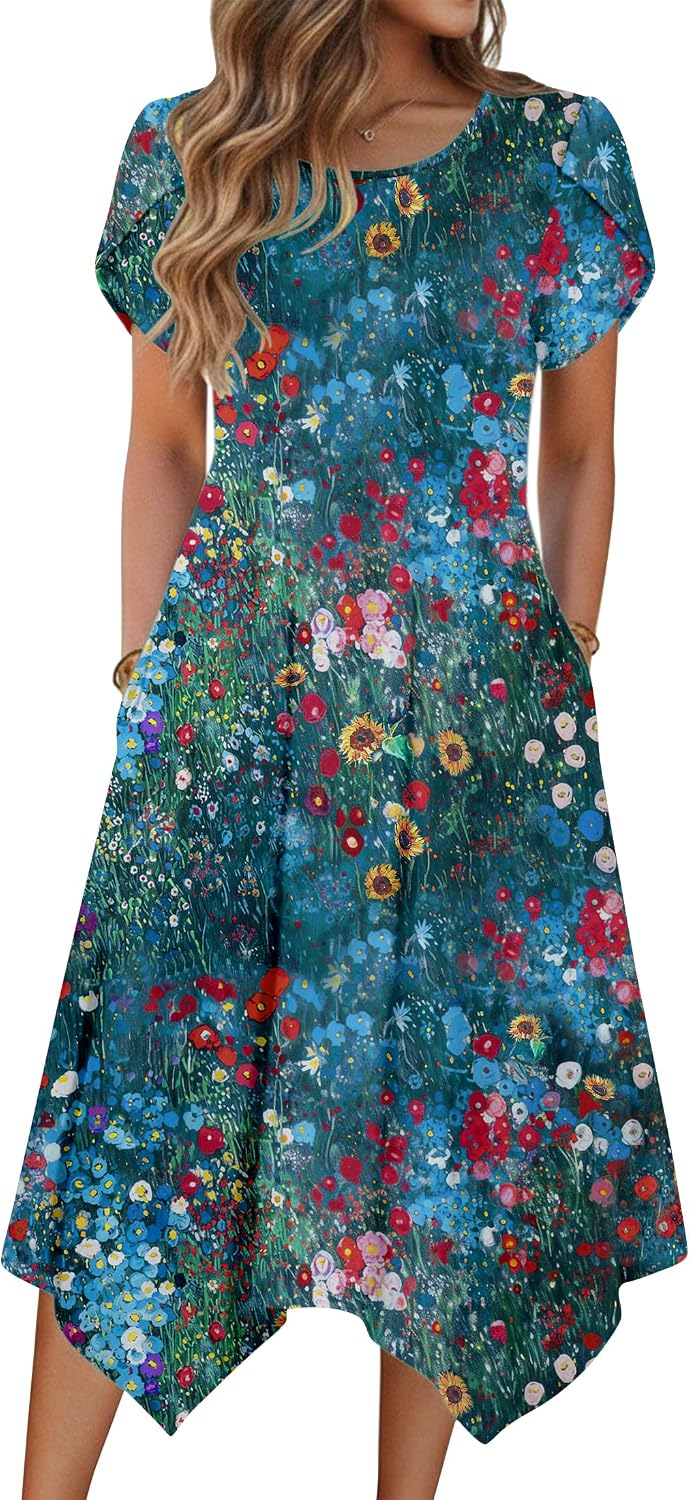 Zeagoo Womens Casual Dress for Summer Loose Hankerchief Flare Midi Sundress | Floral Print, Boho Style, Fall Wedding Guest Dress, A Line,Crew Neck, Side Pockets, Asymmetrical Hem, for Beach, Casual,Daily