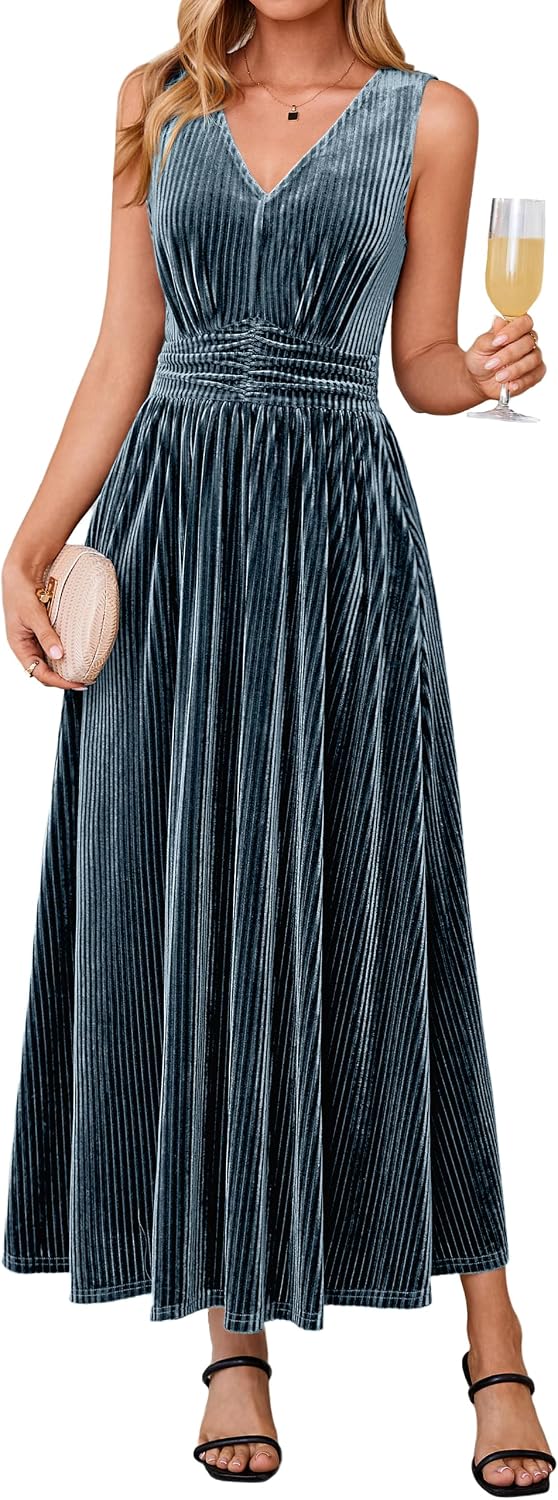 Simplee Womens Velvet Sleeveless Formal Wedding Guest Cocktail Maxi Dress | V Neck High Waist, Fall Winter Holiday Party Prom, Elegant Vintage Long Dress, Bridesmaid, Flowy Casual, Pocket