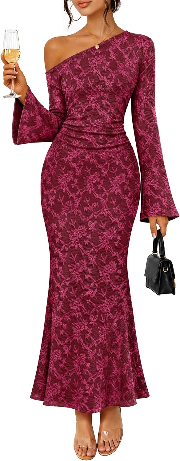 MEROKEETY Women's Lace Off The Shoulder Fall Wedding Guest Cocktail Dress | 2026 Floral, Maxi, Bell Long Sleeve, Maxi, Fitted, Bodycon, Ruched, Lined, Elegant Formal Outfifs, Party, Date Night Dresses