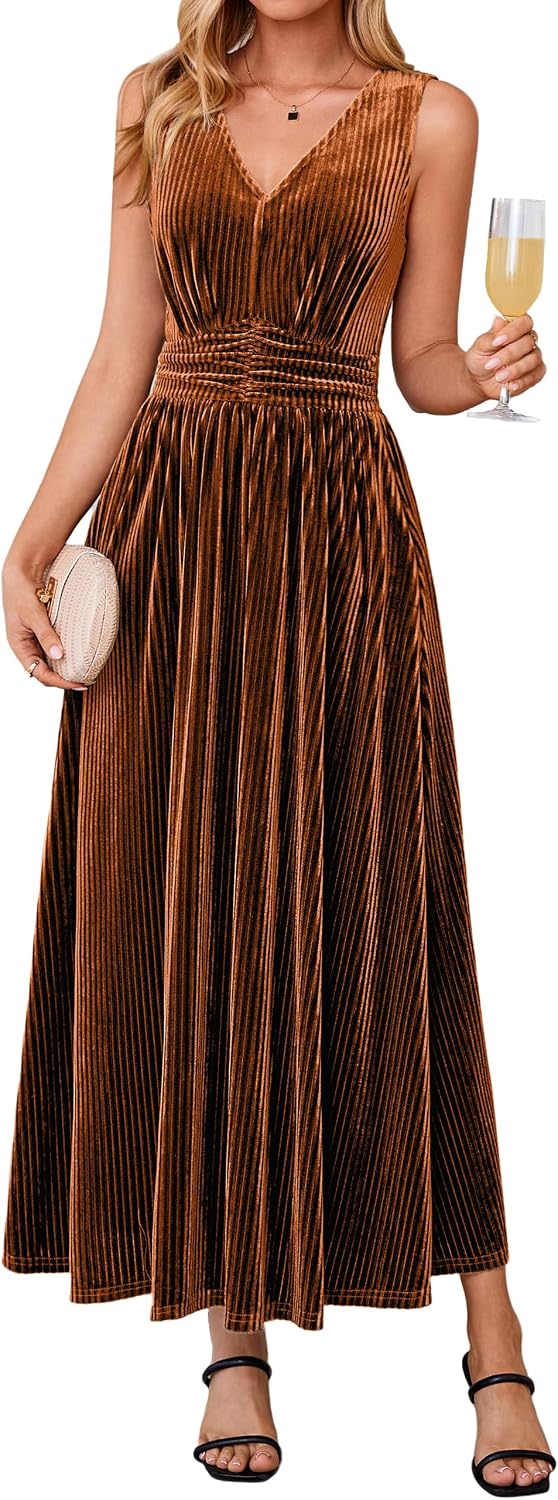 Simplee Womens Velvet Sleeveless Formal Wedding Guest Cocktail Maxi Dress | V Neck High Waist, Fall Winter Holiday Party Prom, Elegant Vintage Long Dress, Bridesmaid, Flowy Casual, Pocket
