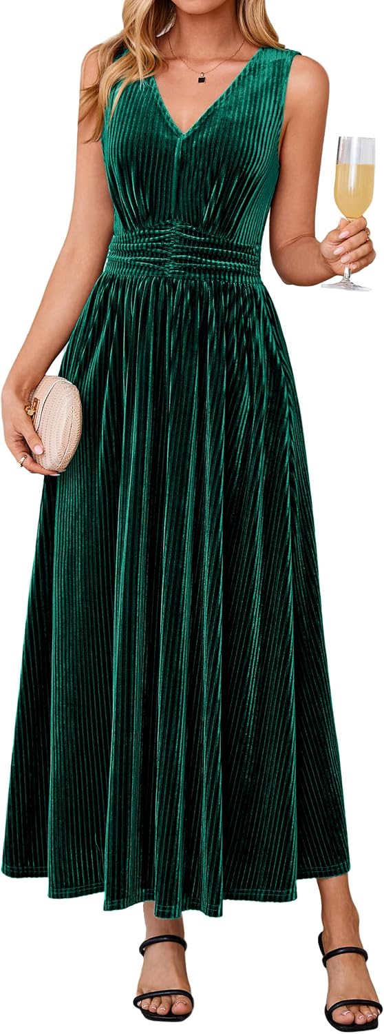 Simplee Womens Velvet Sleeveless Formal Wedding Guest Cocktail Maxi Dress | V Neck High Waist, Fall Winter Holiday Party Prom, Elegant Vintage Long Dress, Bridesmaid, Flowy Casual, Pocket